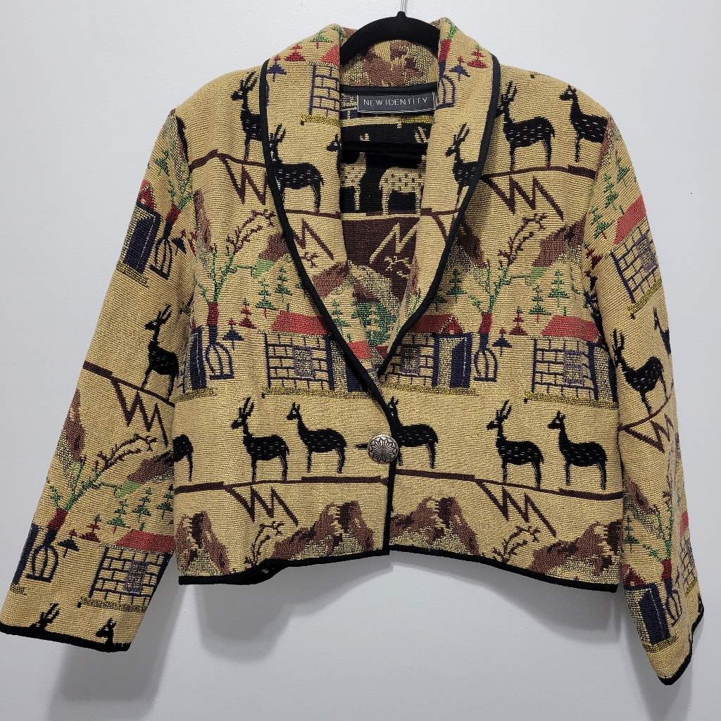 New Identity Tapestry Deer Boho Cropped Blazer
